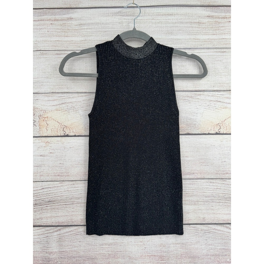 Anthropologie Sleeveless Top Women S Black Silver Metallic Mock Neck Tie-Back
